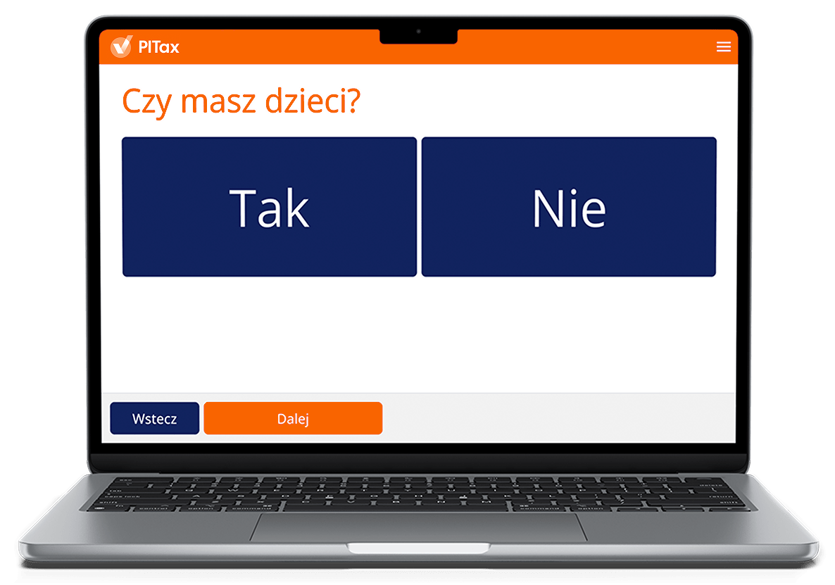 Tablet z ekranem systemu PITax.pl do rozliczania podatków oraz przykładowe pytanie w systemie.